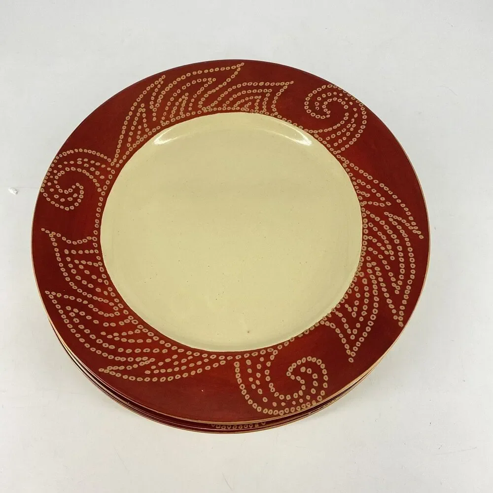 Set of 3 Pier 1 Matira Red Scroll Rim Dinner Plates 10.5” Stoneware